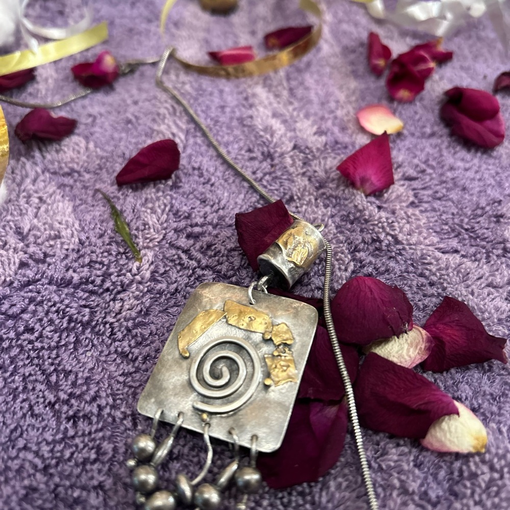 Silver necklace with 14K gold embossed inlays